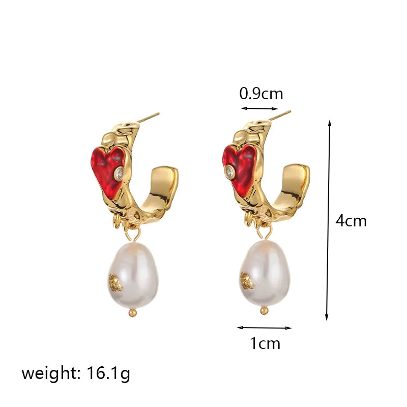 1 Pair Retro Heart Shape Enamel Plating Inlay Copper Freshwater Pearl 18k Gold Plated Drop Earrings