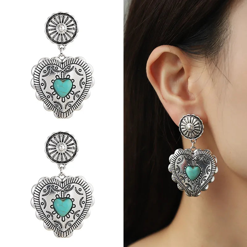 1 Pair Retro Heart Shape Inlay Zinc Alloy Turquoise Drop Earrings