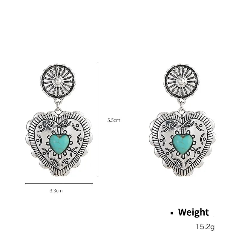 1 Pair Retro Heart Shape Inlay Zinc Alloy Turquoise Drop Earrings