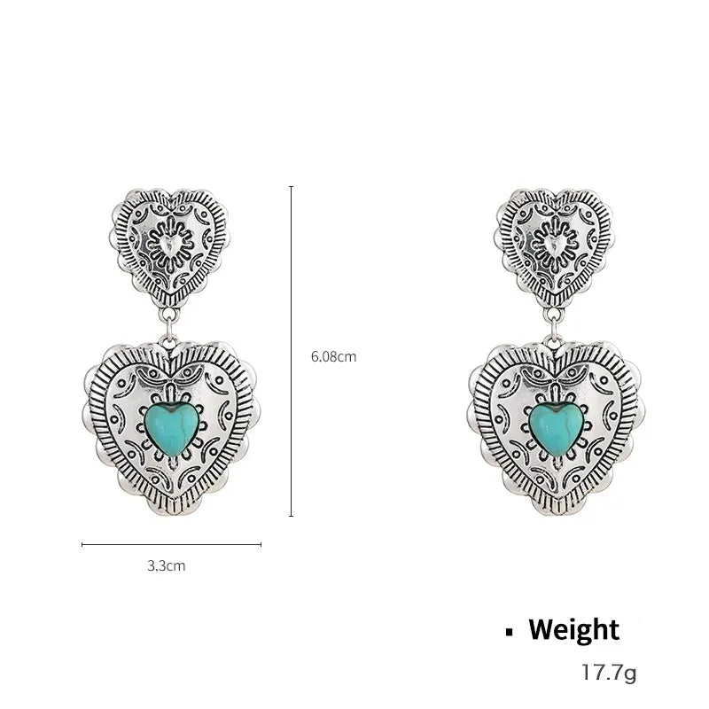 1 Pair Retro Heart Shape Inlay Zinc Alloy Turquoise Drop Earrings