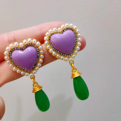 1 Pair Retro Heart Shape Mixed Materials Drop Earrings