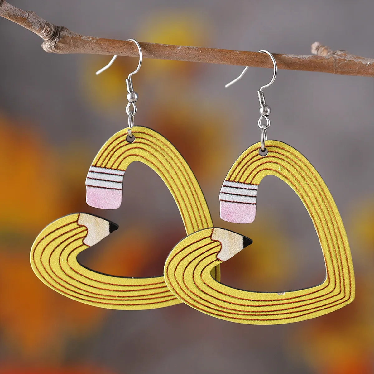 1 Pair Retro Heart Shape Pencil Wood Drop Earrings