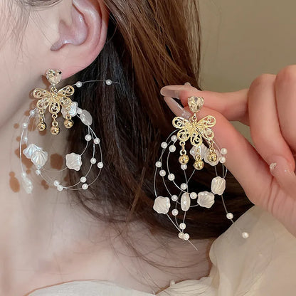 1 Pair Retro Heart Shape Shell Pearl Inlay Alloy Rhinestones Drop Earrings