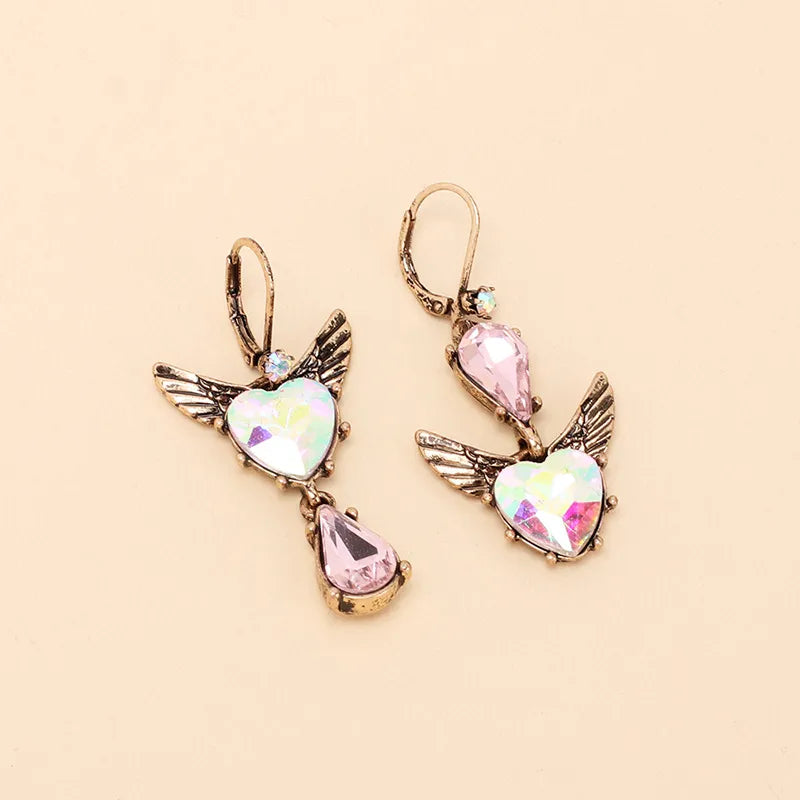 1 Pair Retro Heart Shape Wings Plating Inlay Alloy Rhinestones Earrings