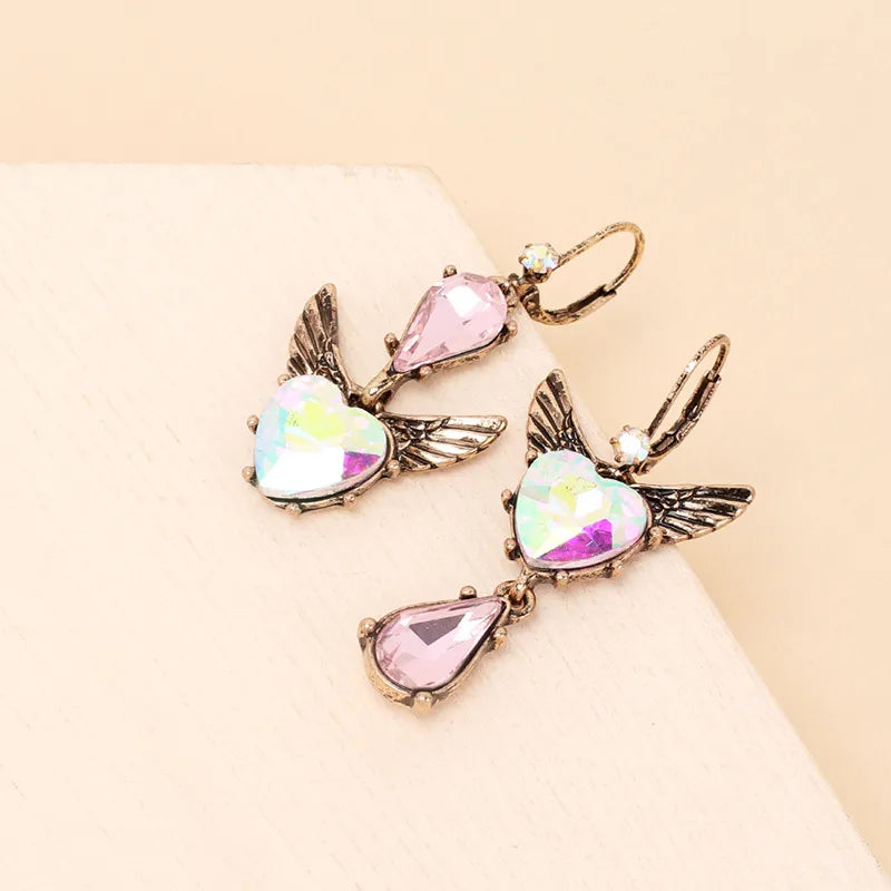 1 Pair Retro Heart Shape Wings Plating Inlay Alloy Rhinestones Earrings