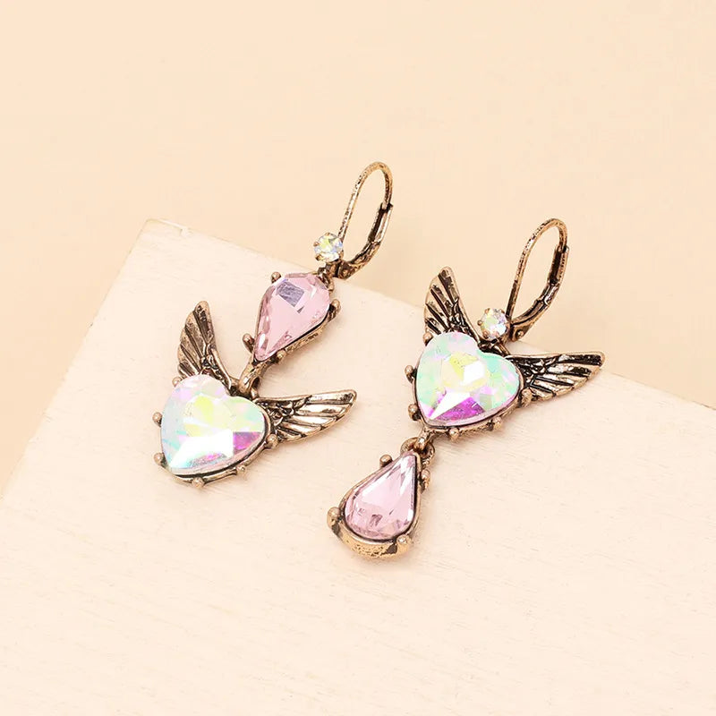 1 Pair Retro Heart Shape Wings Plating Inlay Alloy Rhinestones Earrings