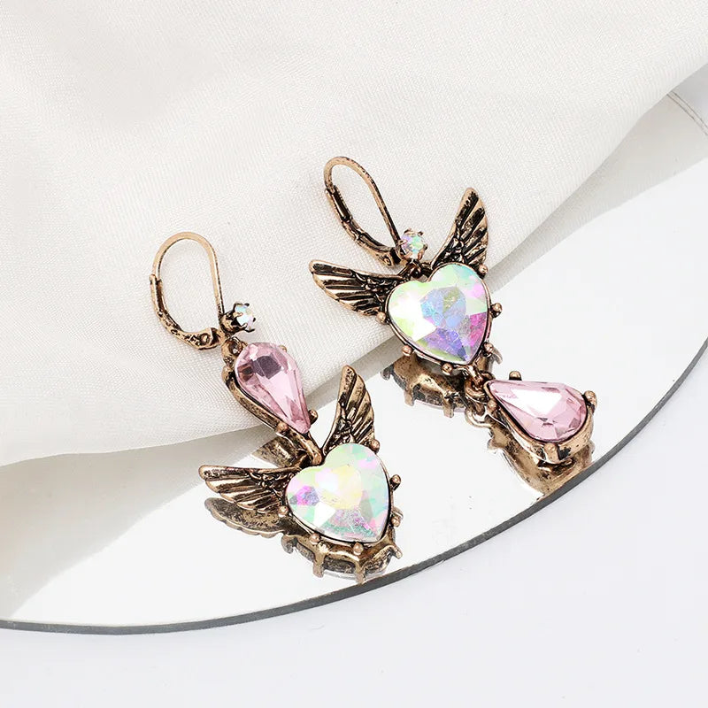 1 Pair Retro Heart Shape Wings Plating Inlay Alloy Rhinestones Earrings