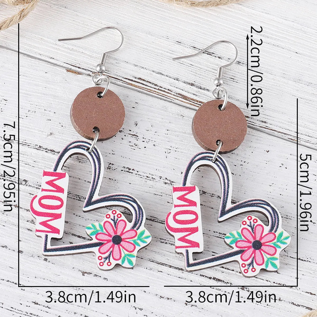 1 Pair Retro Heart Shape Wood Drop Earrings