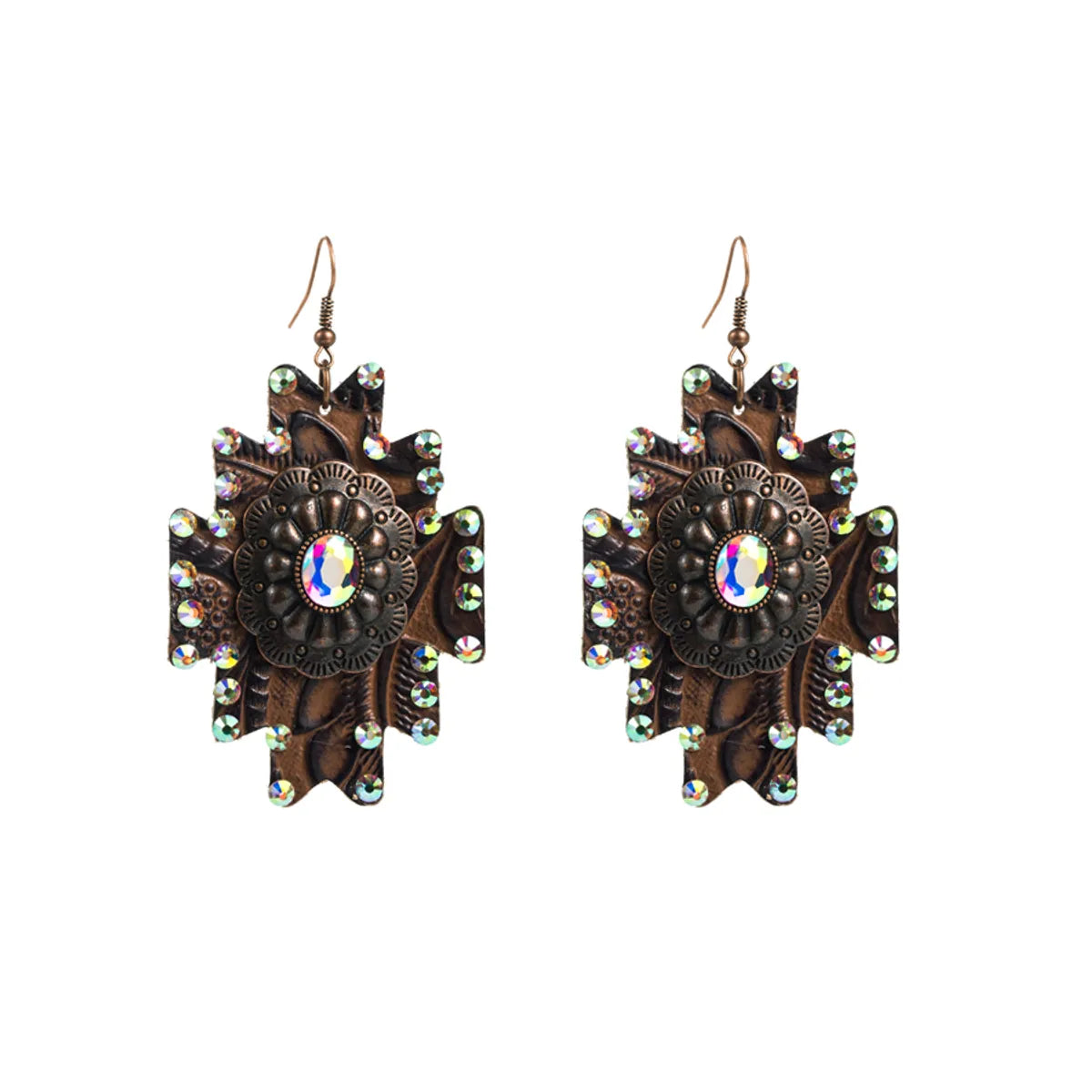 1 Pair Retro Irregular Inlay Pu Leather Alloy Rhinestones Drop Earrings