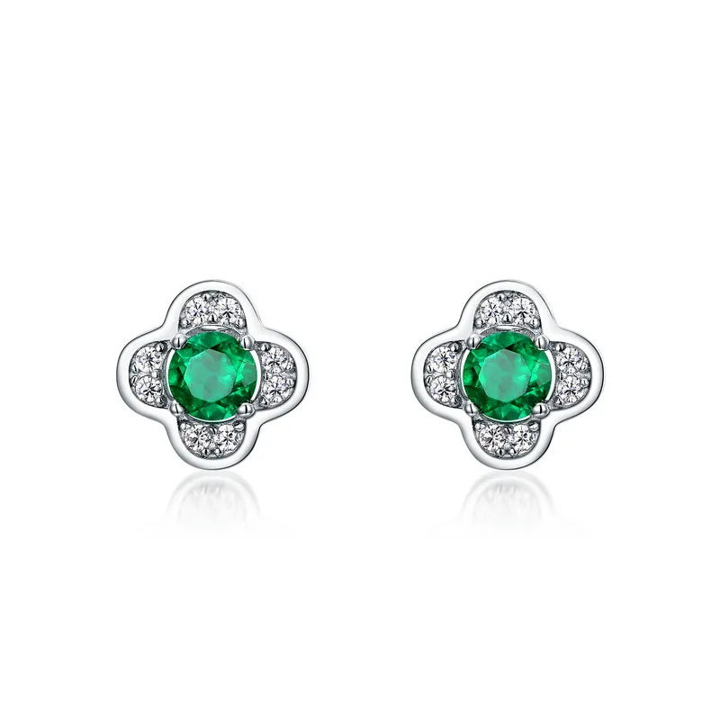 1 Pair Retro Lady Classic Style Geometric Four Leaf Clover Polishing Inlay Sterling Silver Lab-Grown Gemstone Ear Studs