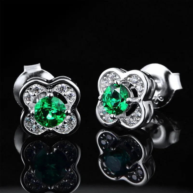 1 Pair Retro Lady Classic Style Geometric Four Leaf Clover Polishing Inlay Sterling Silver Lab-Grown Gemstone Ear Studs