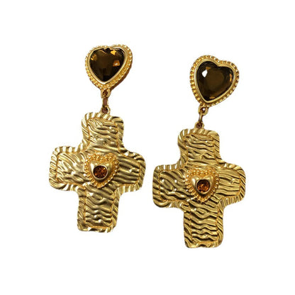 1 Pair Retro Lady Geometric Cross Heart Shape Plating Inlay Alloy Zircon Drop Earrings