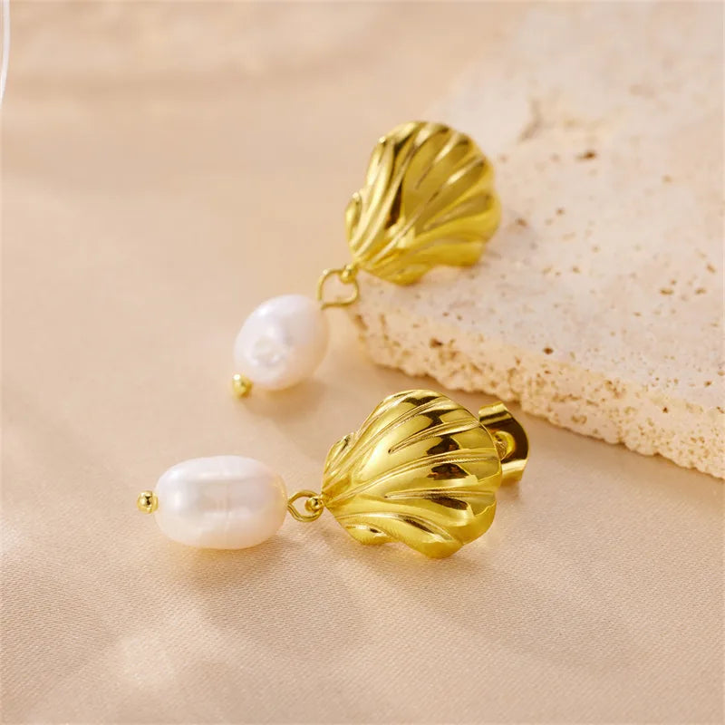 1 Pair Retro Lady Roman Style Shell Plating Stainless Steel 18k Gold Plated Drop Earrings