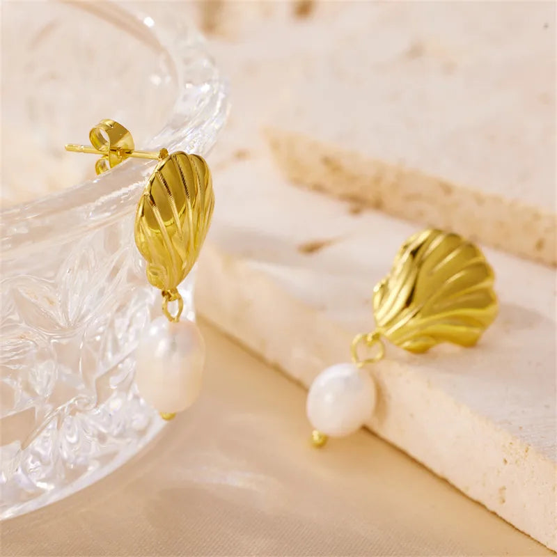 1 Pair Retro Lady Roman Style Shell Plating Stainless Steel 18k Gold Plated Drop Earrings