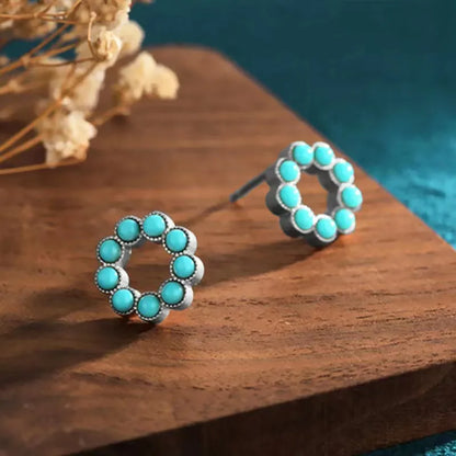 1 Pair Retro Lady Round Plating Inlay Alloy Turquoise Silver Plated Ear Studs