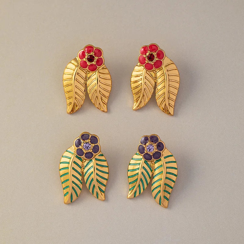 1 Pair Retro Leaves Inlay Alloy Rhinestones Ear Studs