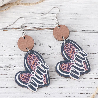 1 Pair Retro Letter Heart Shape Wood Drop Earrings