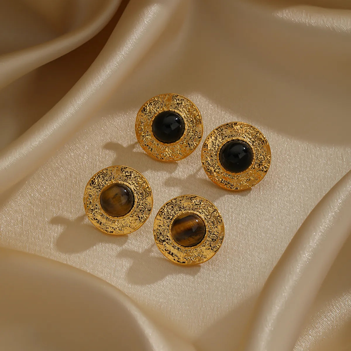 1 Pair Retro Luxurious Round Inlay Copper Tiger Eye Obsidian 18K Gold Plated Ear Studs