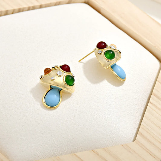 1 Pair Retro Mushroom Inlay Alloy Rhinestones Glass Ear Studs