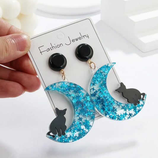 1 Pair Retro Novelty Artistic Animal Moon Cat Arylic Drop Earrings