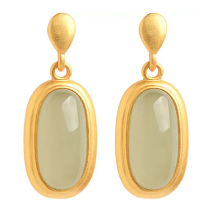 1 Pair Retro Oval Copper Inlay Jade Drop Earrings