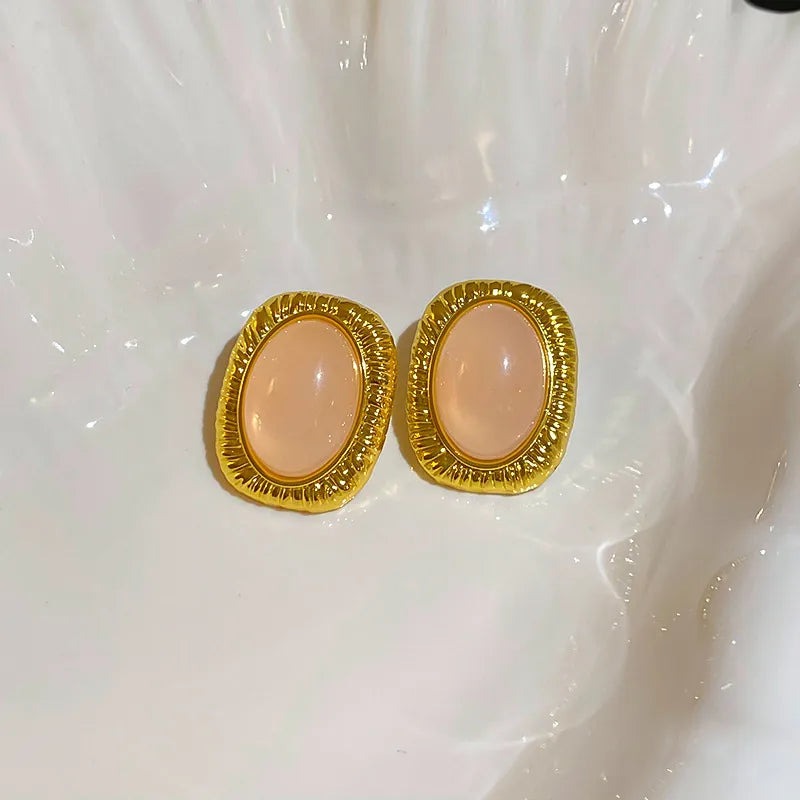 1 Pair Retro Oval Inlay Copper Resin Ear Studs