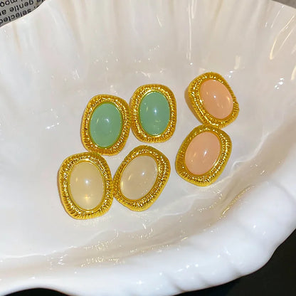 1 Pair Retro Oval Inlay Copper Resin Ear Studs