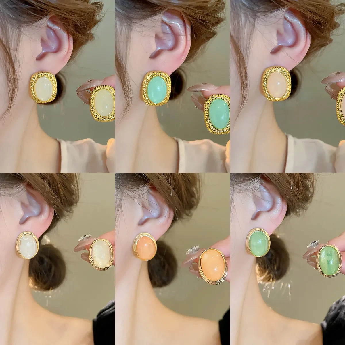 1 Pair Retro Oval Inlay Copper Resin Ear Studs