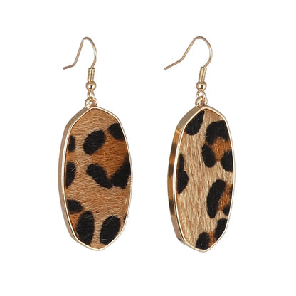 1 Pair Retro Oval Leopard Alloy Straw Inlay Pu Turquoise Shell Women's Drop Earrings