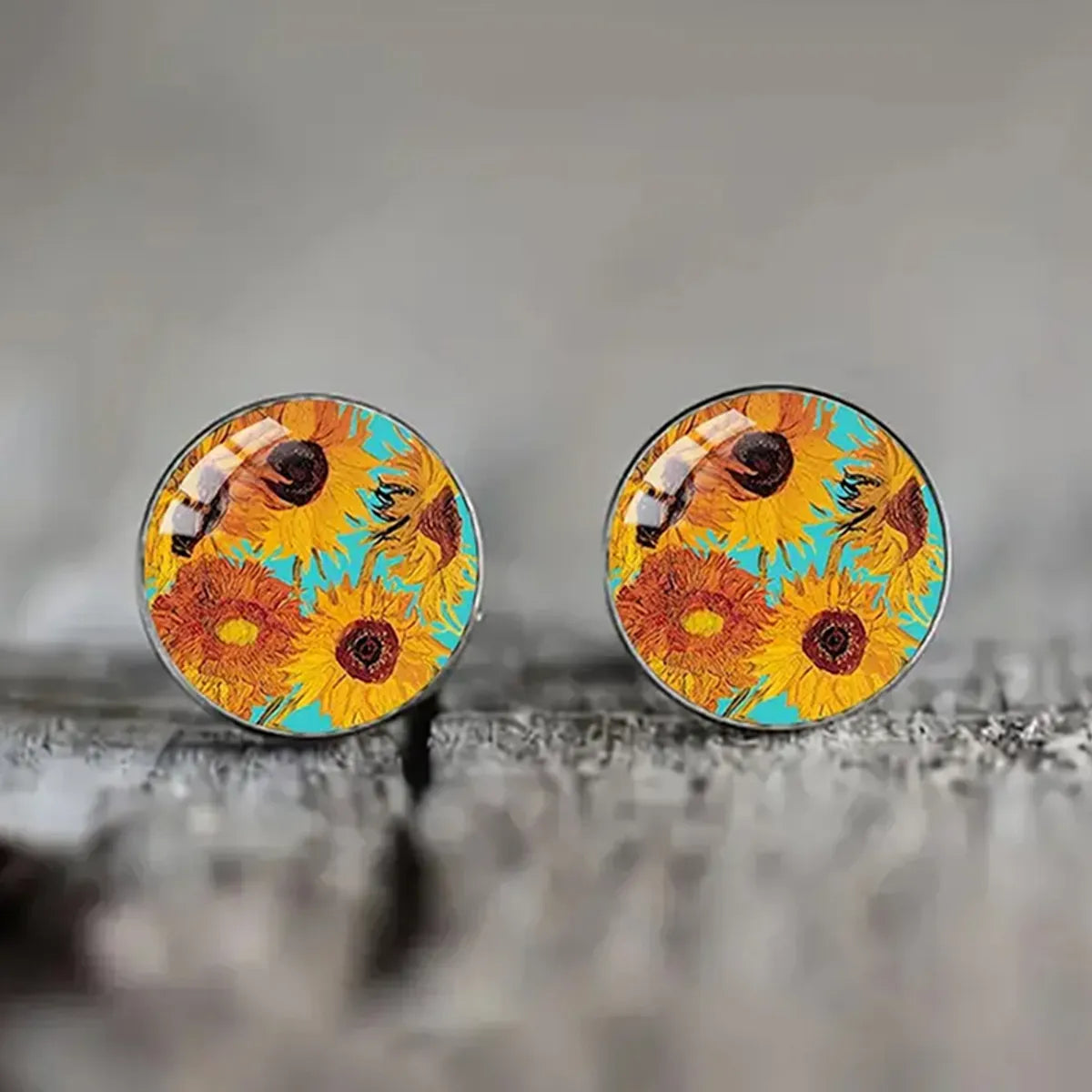 1 Pair Retro Pastoral Simple Style Sunflower Starry Sky Inlay Alloy Glass Ear Studs