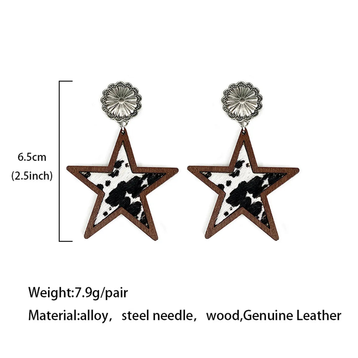 1 Pair Retro Pentagram Pu Leather Alloy Wood Drop Earrings