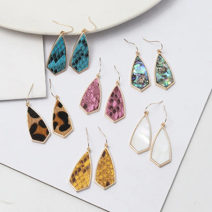 1 Pair Retro Polygon Leopard Inlay Alloy Pu Shell Drop Earrings