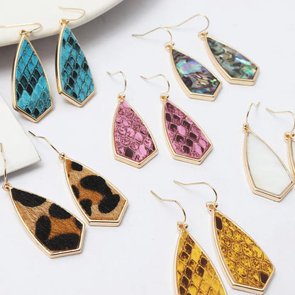 1 Pair Retro Polygon Leopard Inlay Alloy Pu Shell Drop Earrings