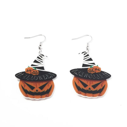 1 Pair Retro Punk Pumpkin Spider Web Skull Painted Hollow Out Arylic Silver Plated Drop Earrings