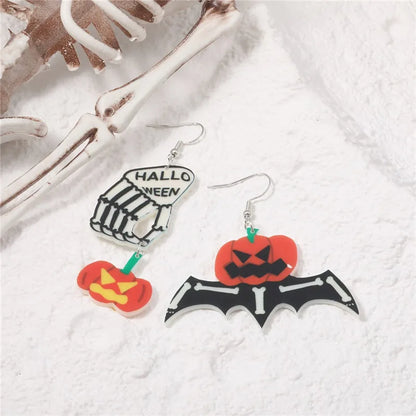 1 Pair Retro Punk Pumpkin Spider Web Skull Painted Hollow Out Arylic Silver Plated Drop Earrings