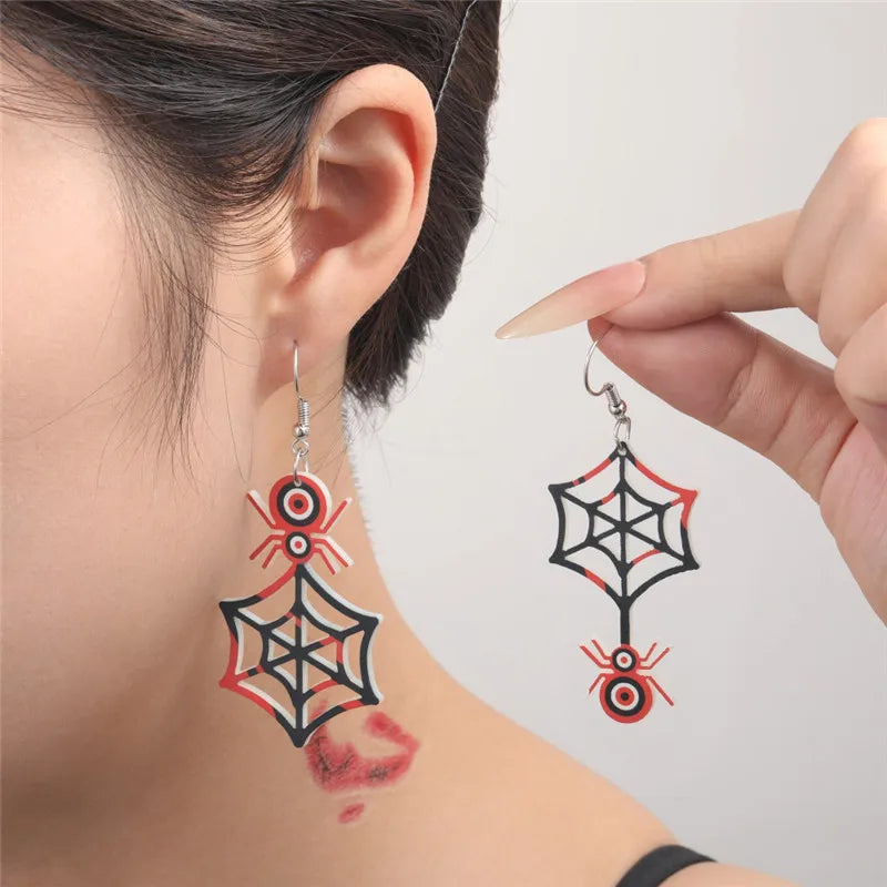 1 Pair Retro Punk Pumpkin Spider Web Skull Painted Hollow Out Arylic Silver Plated Drop Earrings