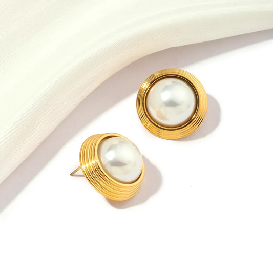 1 Pair Retro Roman Style Geometric Inlay Titanium Steel Artificial Pearls 18K Gold Plated Ear Studs