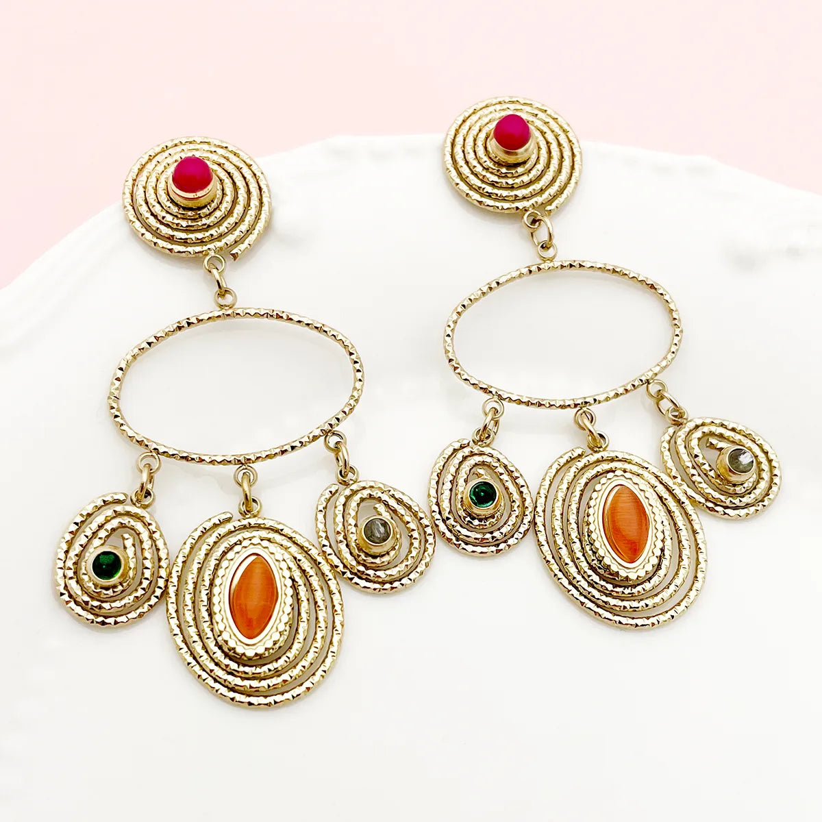 1 Pair Retro Roman Style Irregular Patchwork Enamel Plating 304 Stainless Steel Natural Stone Gem Beads 14K Gold Plated Drop Earrings