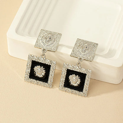 1 Pair Retro Roman Style Quadrilateral Lion Patchwork Alloy Drop Earrings