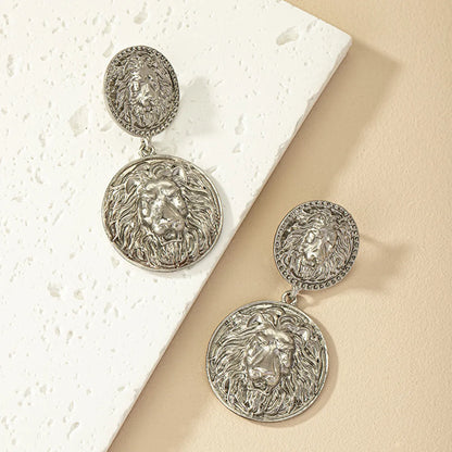 1 Pair Retro Roman Style Round Lion Plating Alloy Drop Earrings