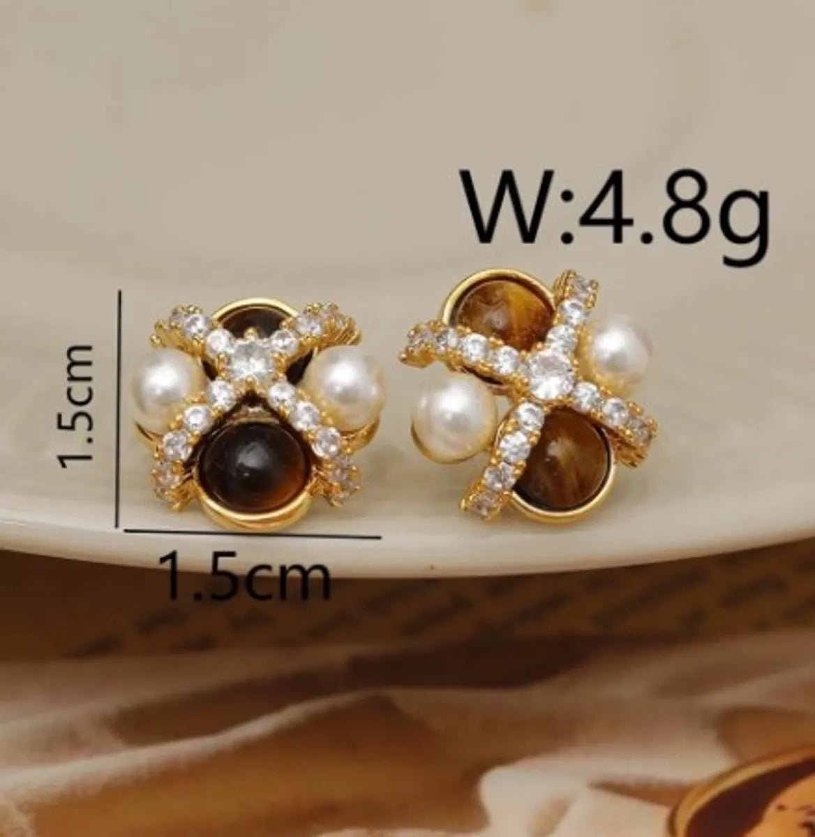 1 Pair Retro Round Enamel Inlay Copper Pearl Tiger Eye Zircon 18K Gold Plated Ear Studs