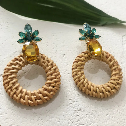 1 Pair Retro Round Fruit Alloy Rhinestone Straw Women's Earrings