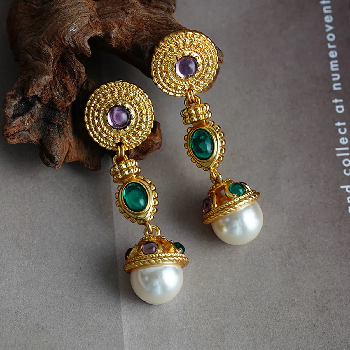 1 Pair Retro Round Inlay Copper Pearl Zircon 18K Gold Plated Drop Earrings