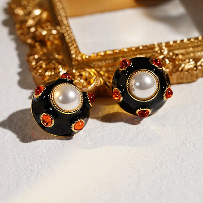 1 Pair Retro Round Inlay Copper Pearl Zircon 18K Gold Plated Ear Studs