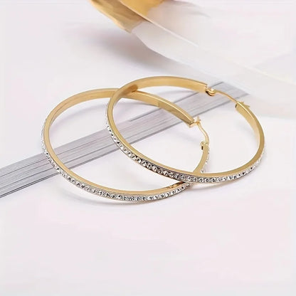 1 Pair Retro Round Inlay Stainless Steel Rhinestones Gold Plated Earrings