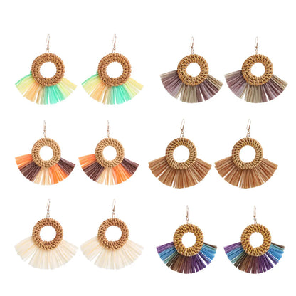 1 Pair Retro Round Sector Raffia Rattan Drop Earrings