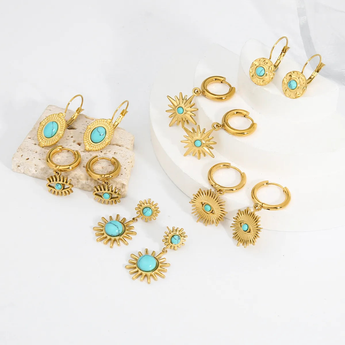 1 Pair Retro Round Square Plating Inlay Stainless Steel Turquoise Gold Plated Earrings