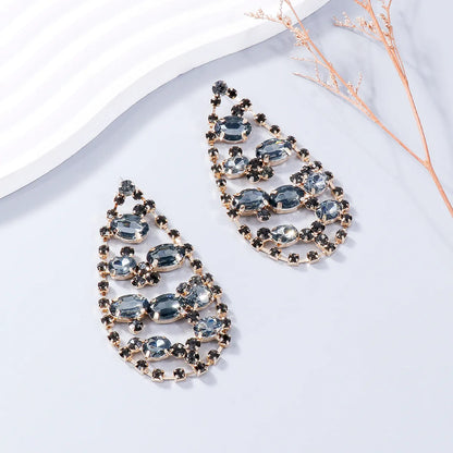 1 Pair Retro Shiny Water Droplets Hollow Out Alloy Glass Rhinestones Glass Drop Earrings