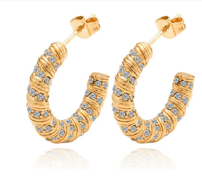 1 Pair Retro Simple Style C Shape Plating 304 Stainless Steel Titanium Steel Rhinestones 18K Gold Plated Ear Studs