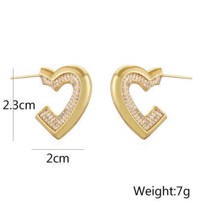 1 Pair Retro Simple Style Commute Heart Shape Inlay Copper Zircon Ear Studs